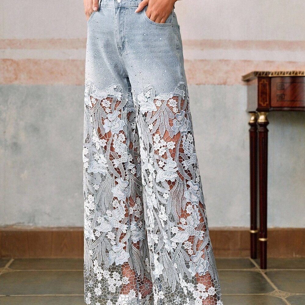 Blue Boho Women's Lace Rhinestone Straight Leg Pants - Picture 4 of 7